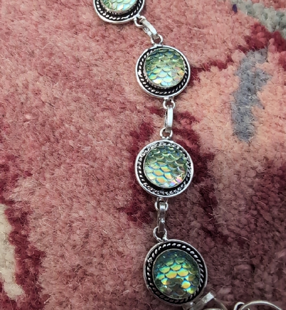 Silver Bracelet with Green  Mermaid Scale Accents - Women's Jewelry